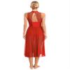 Sinleey Women Lyrical Dance Costume Modern Contemporary Ballet Dancewear Mock Neck Mesh Flowy Dress Red XX-Large view 3