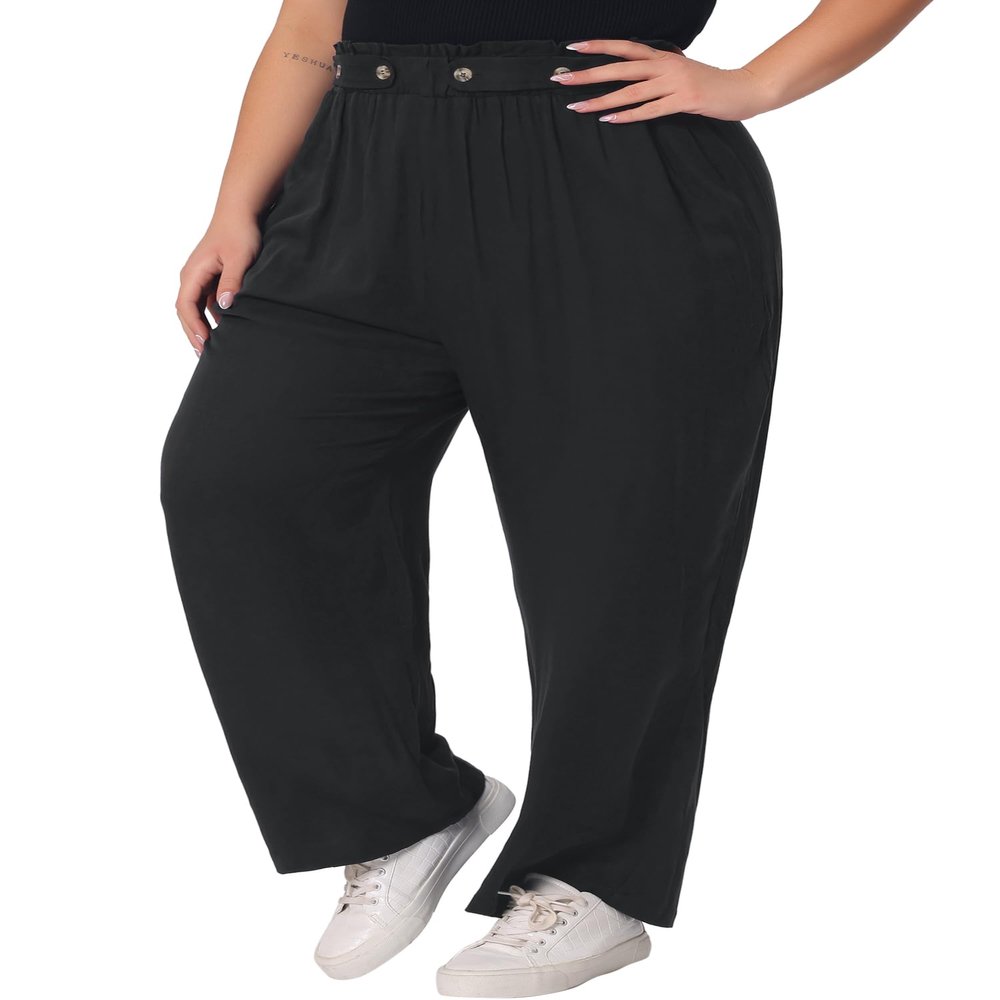 Agnes Orinda Plus Size Palazzo Pants for Women Stretchy High Waisted with Pocket Wide Leg Long Pants 3X Black