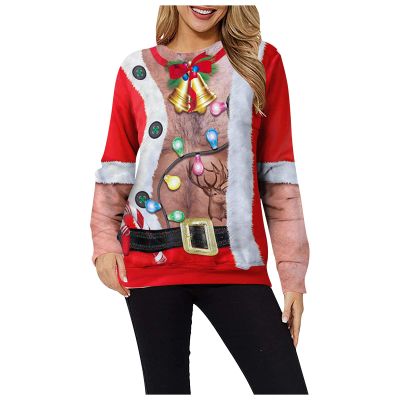 PETCDIM Unisex Christmas Oversized Sweatshirts Xmas Party Long Sleeve Sweater Shirt Round Neck Casual Graphic Tees A-white