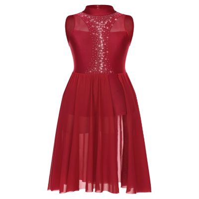 Sinleey Women Lyrical Dance Costume Modern Contemporary Ballet Dancewear Mock Neck Mesh Flowy Dress Burgundy XX-Large