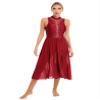 Sinleey Women Lyrical Dance Costume Modern Contemporary Ballet Dancewear Mock Neck Mesh Flowy Dress Burgundy XX-Large view 2