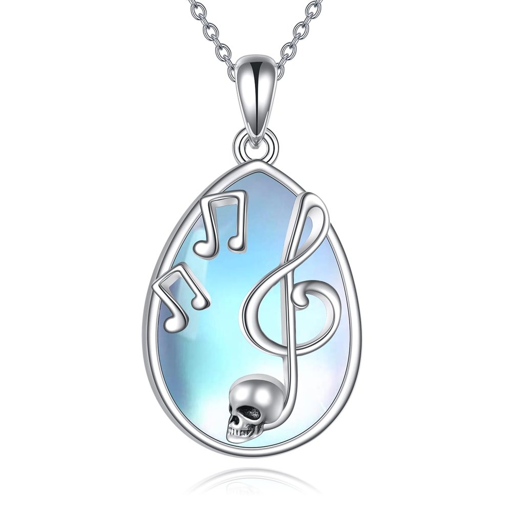 KQF Musical Note Skull Necklace for Women Sterling Silver Moonstone Necklace Music Gothic Jewelry Birthday Gifts (Skull Necklace)