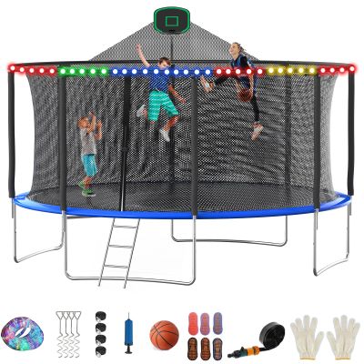 14FT Trampoline for Adults and Kids, 1400 LBS Outdoor Trampoline with Light, Sprinkler, Enclosure Net, Basketball Hoop and Ball, Socks, Outdoor Recreational Trampoline Heavy Duty - ASTM CPC CPSIA