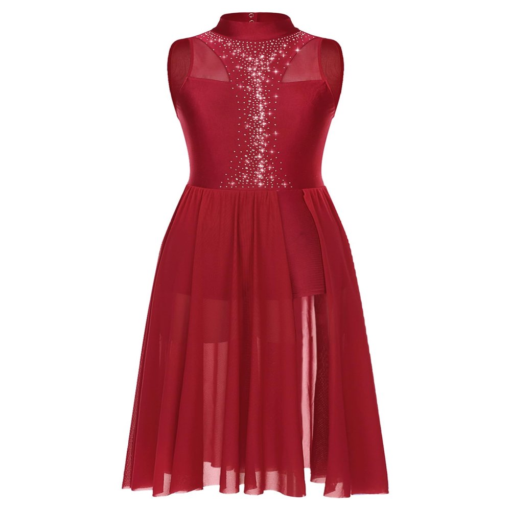 Sinleey Women Lyrical Dance Costume Modern Contemporary Ballet Dancewear Mock Neck Mesh Flowy Dress Burgundy Large