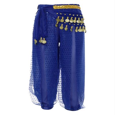 Freebily Kids Girls Belly Dance Harem Pants Tribal Arabic Trousers Yoga Pilates Hippie Dance Bottoms with Hip Scarf Royal Blue 7-9 Years
