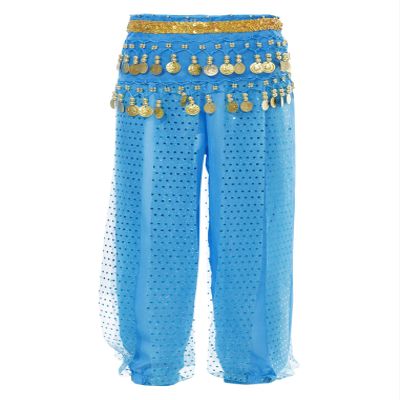 Freebily Kids Girls Belly Dance Harem Pants Tribal Arabic Trousers Yoga Pilates Hippie Dance Bottoms with Hip Scarf Sky Blue 5-7 Years