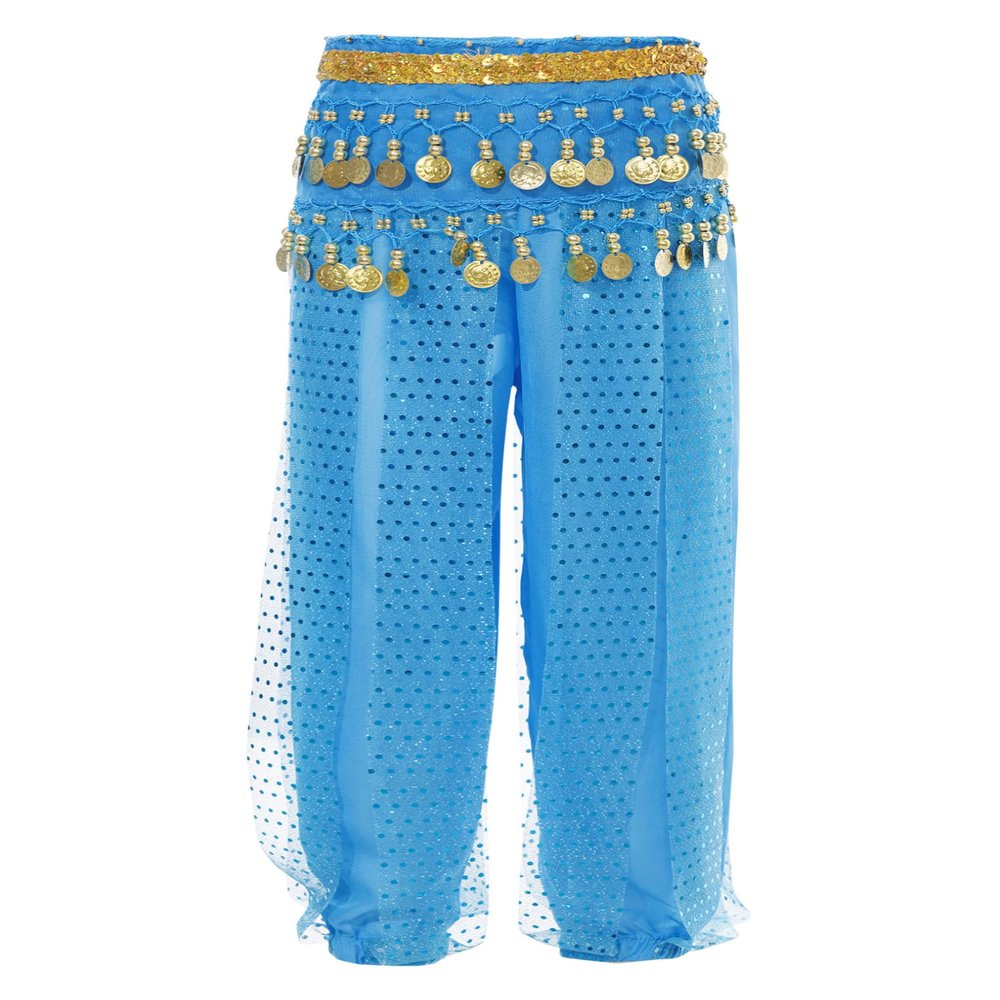 Freebily Kids Girls Belly Dance Harem Pants Tribal Arabic Trousers Yoga Pilates Hippie Dance Bottoms with Hip Scarf Sky Blue 5-7 Years