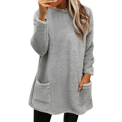 ZYXTIM Women Blouse Tops Fleece Lined Round- Neck Autumn Winter Loose Pocket Warm Long Sleeve Blouse Tops Christmas Jumper Funny Graphic Reindeer Santa Xmas Jumper Sweatshirt