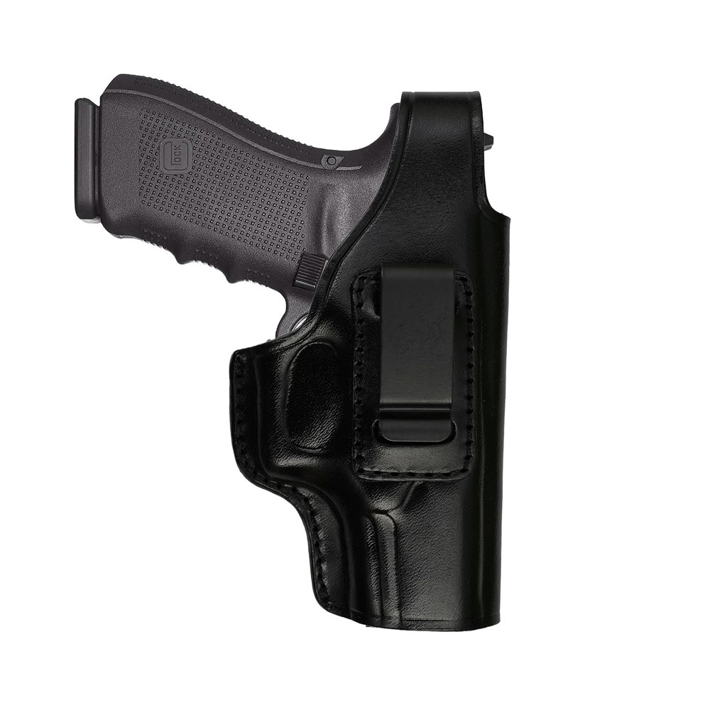 Leather OWB & IWB Holster Fits Glock 17 19 21 23 26 27 29 30 42 43 43X, Premium Leather, Concealed Carry Gun Holster, Clips, Thumb Break (Black, Glock 19)
