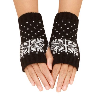 Knitted Arm Warmers Gloves Winter Snowflake Fingerless Gloves for Women Thumb Hole Gloves Mittens for Women (Black, One Size)