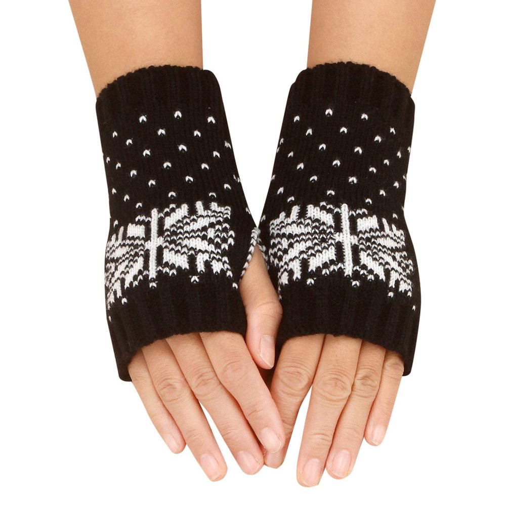Knitted Arm Warmers Gloves Winter Snowflake Fingerless Gloves for Women Thumb Hole Gloves Mittens for Women (Black, One Size)