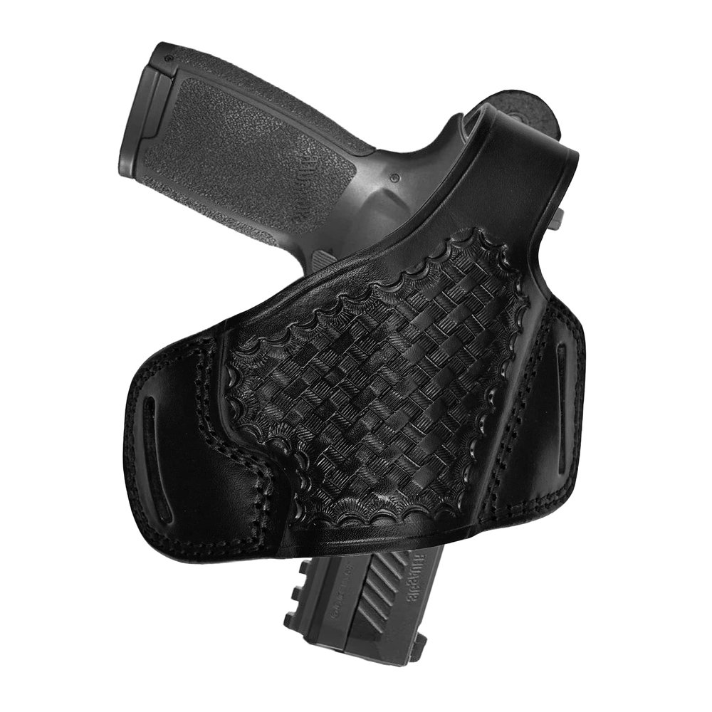 Leather Pancake Holster Fits Glock 17 19 21 23 26 27 29 30 42 43 43X, Premium Leather, Thumb Break, Basket Weave, Handmade (Black, Glock 19)