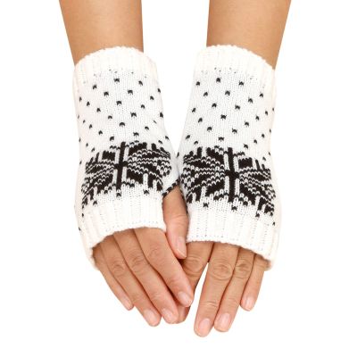 Knitted Arm Warmers Gloves Winter Snowflake Fingerless Gloves for Women Thumb Hole Gloves Mittens for Women (White, One Size)