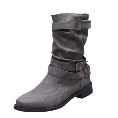 Ctreela Retro Slouch Mid-Calf Riding Boots Wide Leg Casual Vintage Wide-Calf Pull On Booties Winter Comfort Wild Boot Shoes