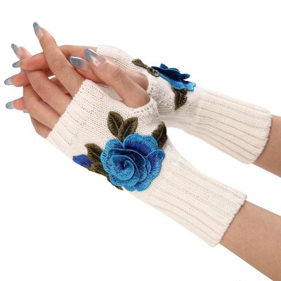 Ladies Warm Knit Fingerless Gloves Convertible Mittens Fashion Flowers Women Mittens Women' s Knitted Gloves (Sky Blue, One Size)