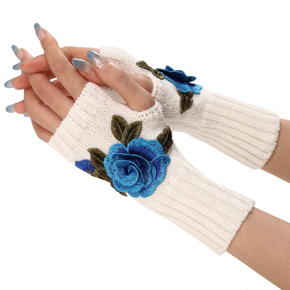 Ladies Warm Knit Fingerless Gloves Convertible Mittens Fashion Flowers Women Mittens Women' s Knitted Gloves (Sky Blue, One Size)
