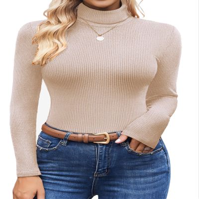 Ekouaer Women's Turtleneck Shirts Ribbed Pullover Sweater Long Sleeves Tops Midweight Thermal Underwear Blouse Khaki M