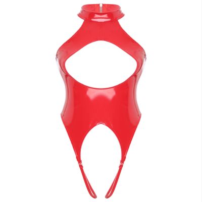 YONGHS Womens Shiny Latex Exposed Breasts Nipples Buckled Cutout Long Sleeve Leotard Bodysuit 5# Red Small