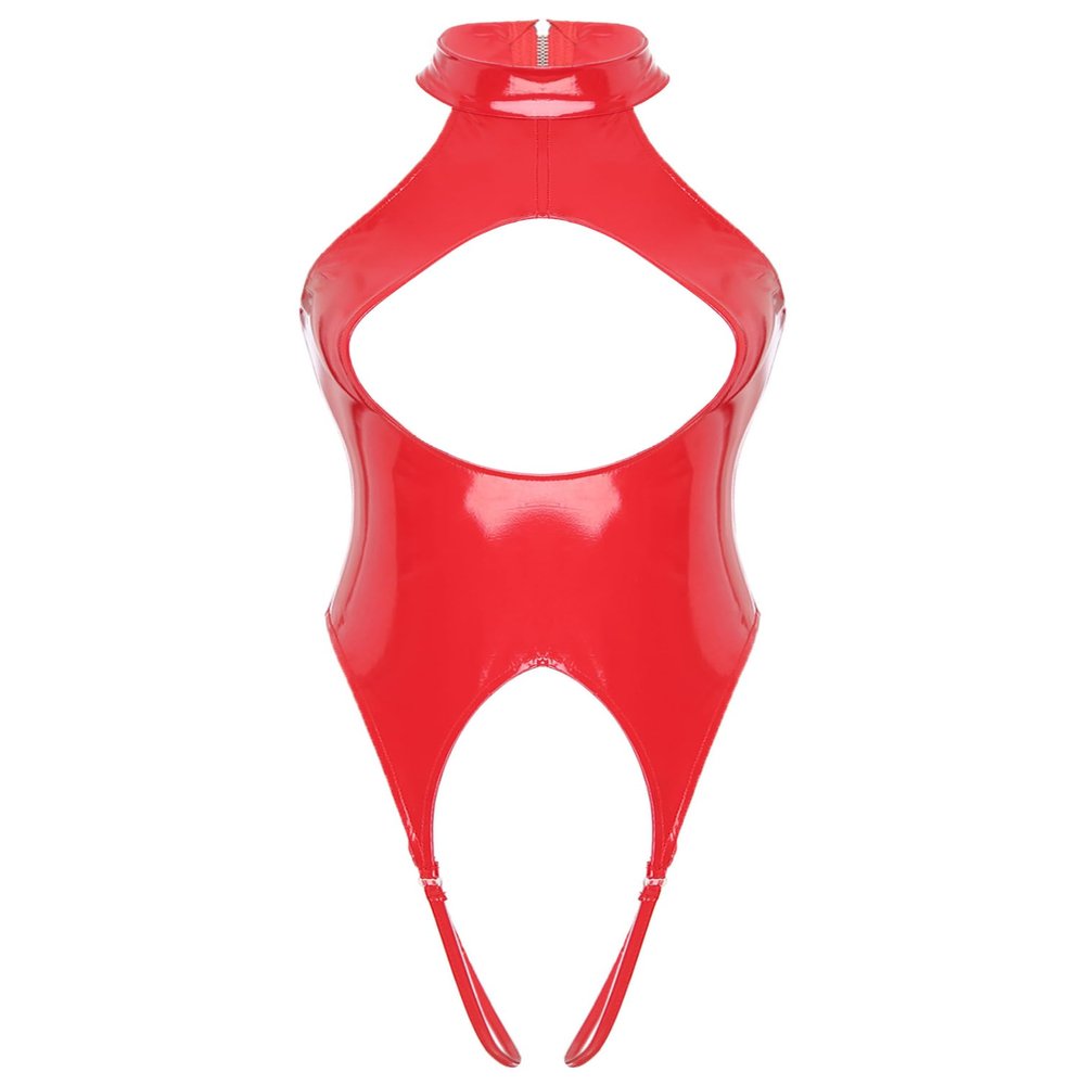 YONGHS Womens Shiny Latex Exposed Breasts Nipples Buckled Cutout Long Sleeve Leotard Bodysuit 5# Red Small