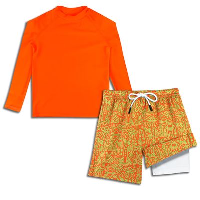 Boys Rash Guard Toddler Swim Trunk Set with Compression Liner Boys Swimming Set Long Sleeve Orange Neon UPF 50+ 2T