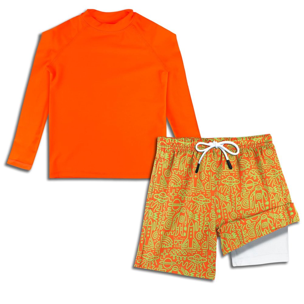 Boys Rash Guard Toddler Swim Trunk Set with Compression Liner Boys Swimming Set Long Sleeve Orange Neon UPF 50+ 2T