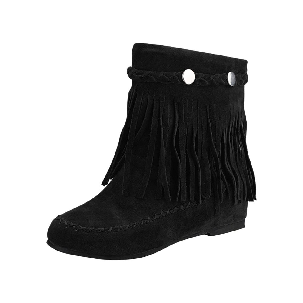 Ctreela Retro Wide Calf Boots Comfy Western Cowgirl Flat Boots Fringe Winter Slouch Ankle Boots Invisible Height Increasing
