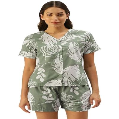 Pimu Women's Night Dress | Printed Soft Cotton Night Suit for Adults |Beach Wear Short Pajama Set Green