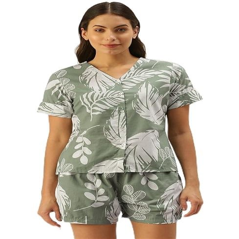 Pimu Women's Night Dress | Printed Soft Cotton Night Suit for Adults |Beach Wear Short Pajama Set Green