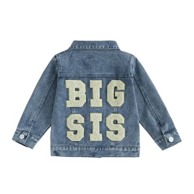 VISGOGO Toddler Baby Girl Jacket Big Sis Matching Set Embroidery Jean Long Sleeve Cardigan Button Denim Coat (Blue-Big Sis, 3-4 Years)