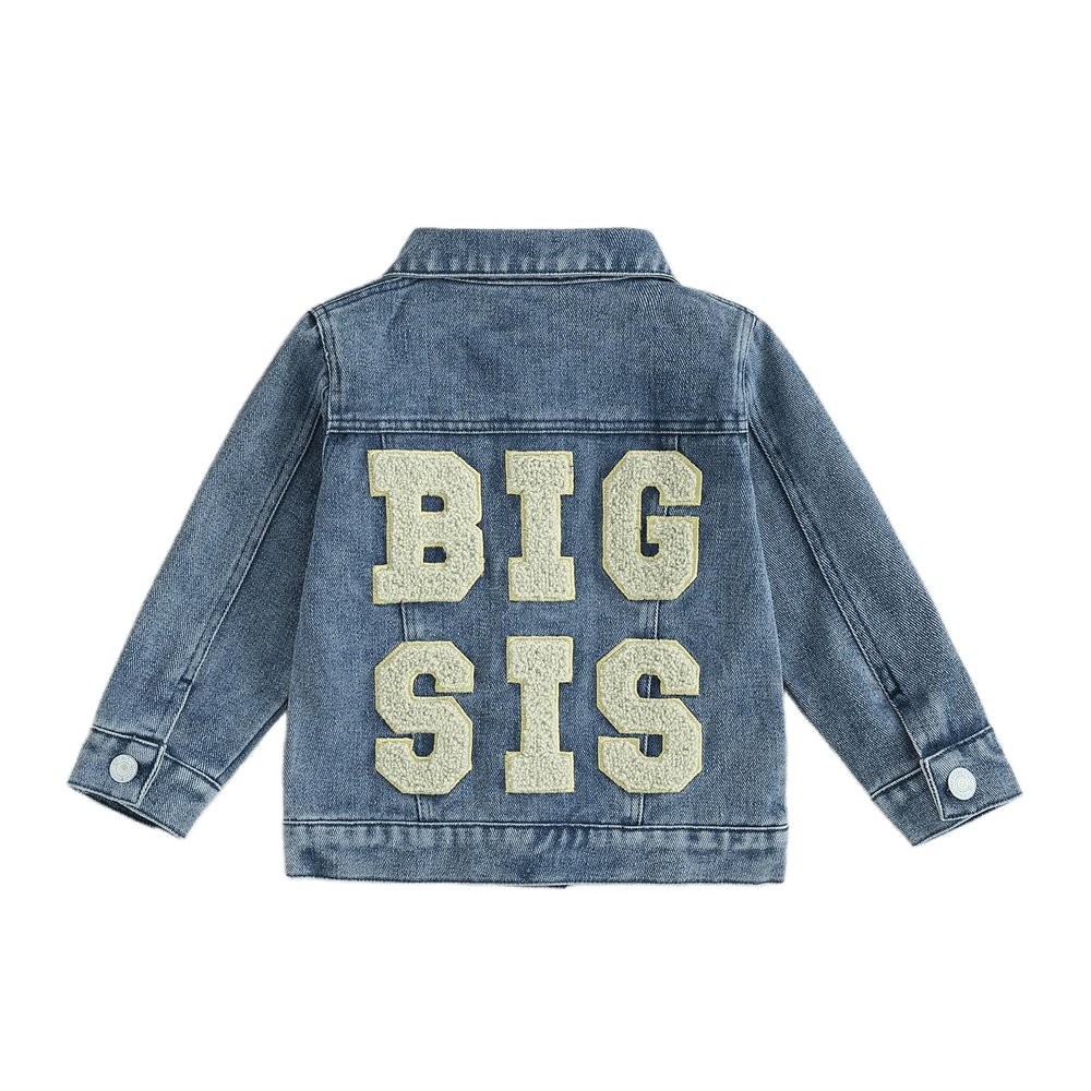 VISGOGO Toddler Baby Girl Jacket Big Sis Matching Set Embroidery Jean Long Sleeve Cardigan Button Denim Coat (Blue-Big Sis, 3-4 Years)
