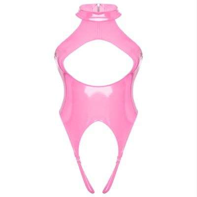 YONGHS Womens Shiny Latex Exposed Breasts Nipples Buckled Cutout Long Sleeve Leotard Bodysuit 5# Pink XX-Large