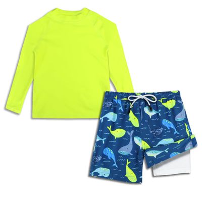 MILANKERR Boys Long Sleeve Rash Guard with Trunks Swim Sets with Trunks with Soft Liner UPF50+ Neno Green Whale Size 5/6
