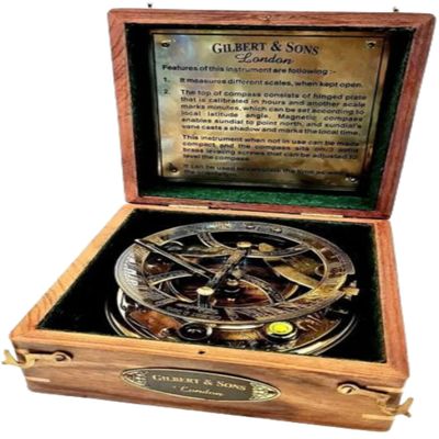 Handcrafted Nautical Brass Brown Antique Marine Art Replicas Top Grade 5 Inch Sundial Compass with Wooden Box for Home & Office