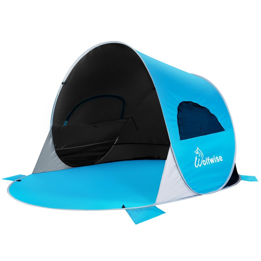 WolfWise UPF 50+ Easy Pop Up 3 Person Beach Tent Sport Umbrella Instant Sun Shelter Tent Sun Shade Canopy, Dark Shelter-Blue