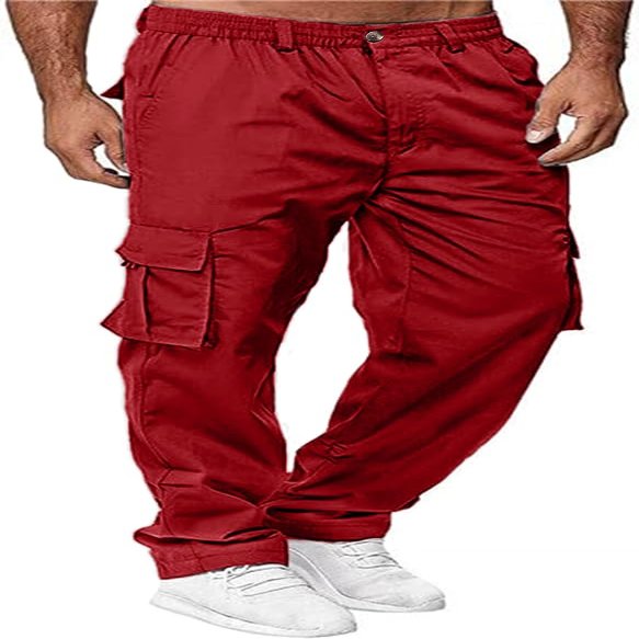 HUNGSON Mens Casual Cargo Pants - Sweatpants Joggers Athletic Trouser Cotton Loose Straight Hiking Pants for Men Red