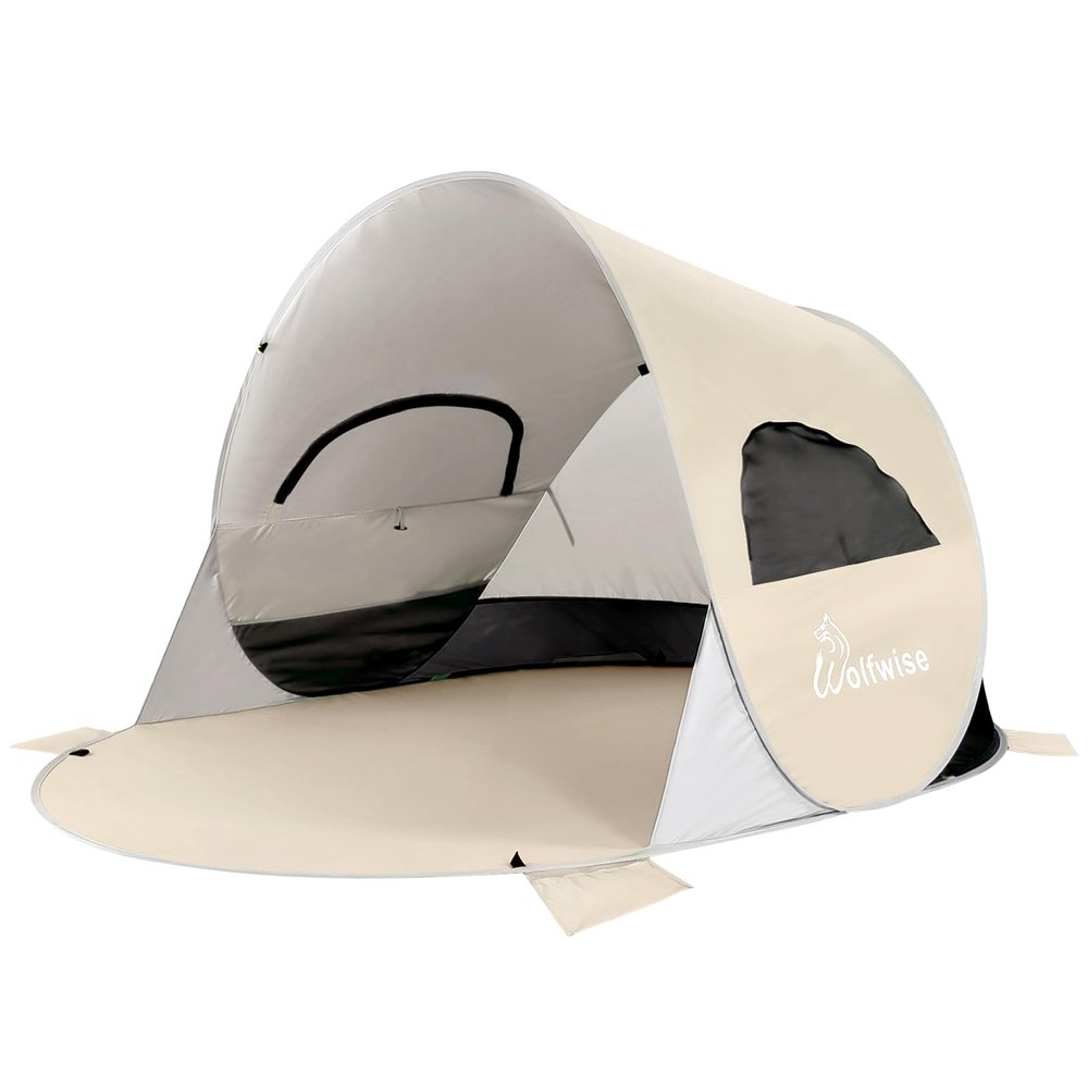 Wolfwise Pop up Beach Tent Sun Shelter with UPF50+ UV Protection, Instant Easy Setup Popup Beach Shade Canopy for 3 Person, Portable & Foldable with Carring Bag, 87 5747 in, Beige