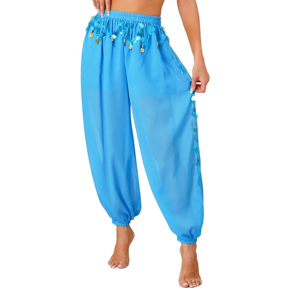 FiwoXam Women's Belly Dance Party Costume Coins Lantern Pants Side Split Sequin Shiny Harem Pants Arabic Halloween Trousers (Blue)