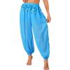 FiwoXam Women's Belly Dance Party Costume Coins Lantern Pants Side Split Sequin Shiny Harem Pants Arabic Halloween Trousers (Blue) view 1