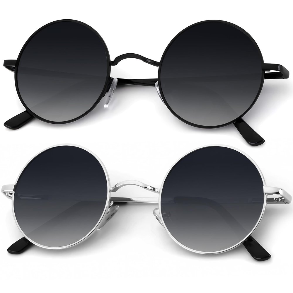 KALIYADI Round Polarized Sunglasses for Men Women Retro Metal Hippie Circle Style Sun Glasses UV Protection (2 Pack) 47mm