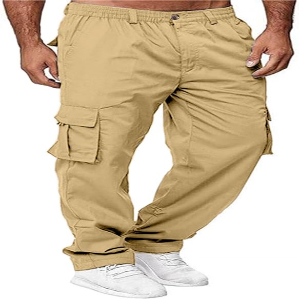 HUNGSON Mens Casual Cargo Pants - Sweatpants Joggers Athletic Trouser Cotton Loose Straight Hiking Pants for Men Light Khaki