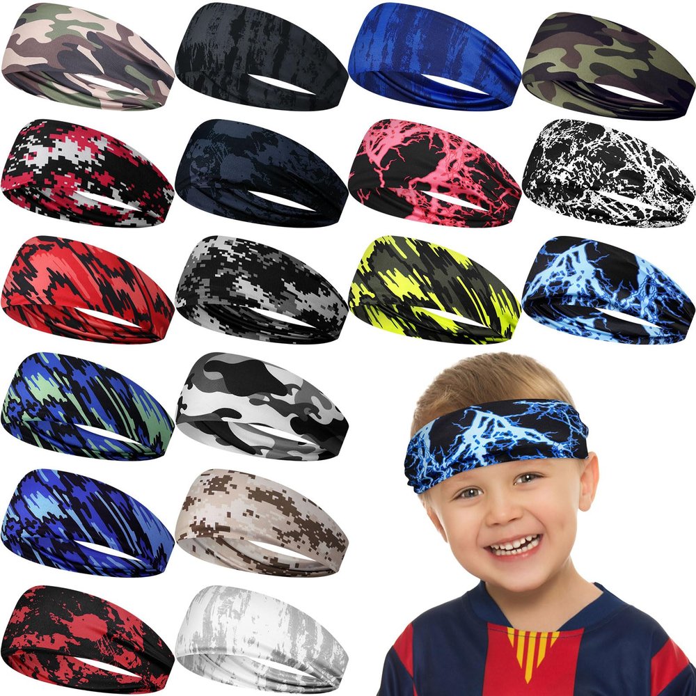 Ceenna 18 Pieces Kids Sports Sweatbands for Boys Girls Athletic Headband Wicking Elastic Breathable for Child (Novel Style)