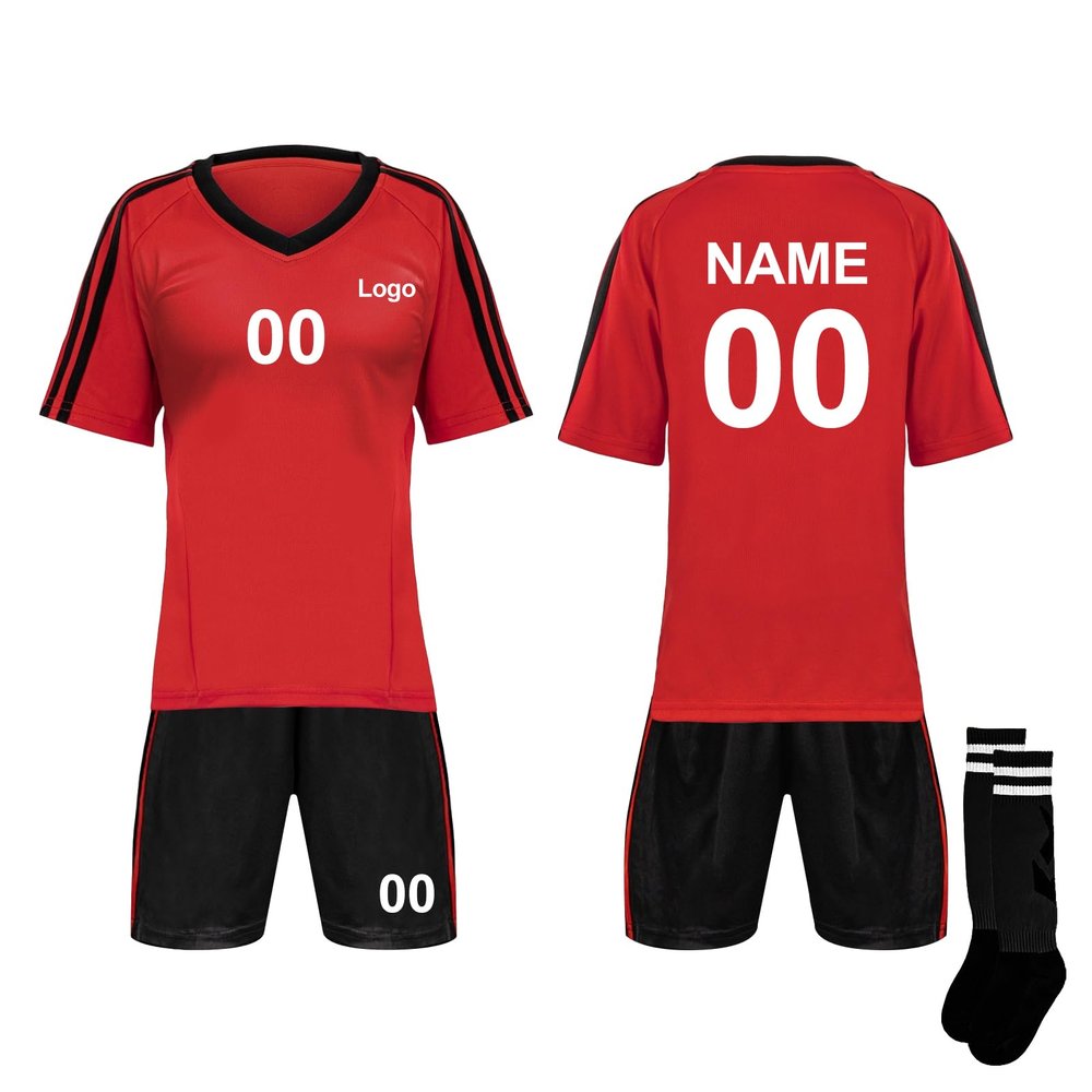 TopTie Custom Soccer Jersey, Shoulder Striped Soccer Shirts, with Jersey, Shorts and Socks-Red/Black-XL