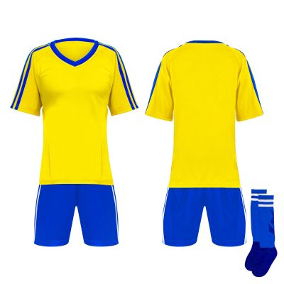 TOPTIE Soccer Jersey, Shoulder Striped Soccer Shirts, with Jersey, Shorts and Socks-Yellow/Royal Blue-8Years
