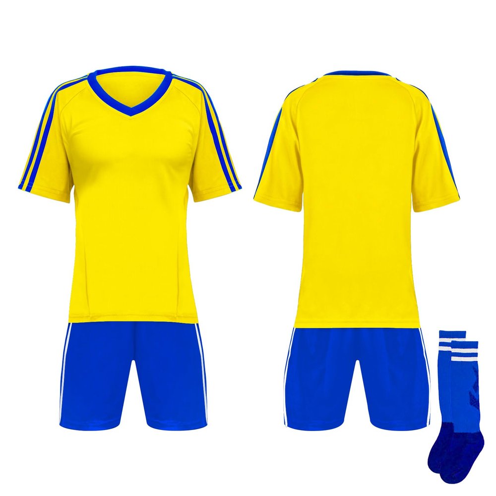 TOPTIE Soccer Jersey, Shoulder Striped Soccer Shirts, with Jersey, Shorts and Socks-Yellow/Royal Blue-8Years