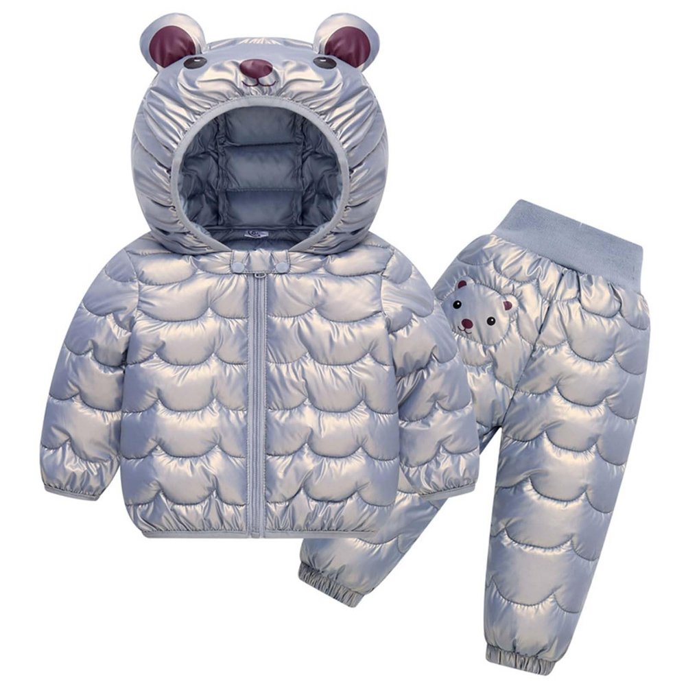 Winter Down Coat for Kids Baby Boys Girls Light Puffer Padded Jacket Bear Hooded Coat Outerwear+Pants (Grey, 4-5 Years)