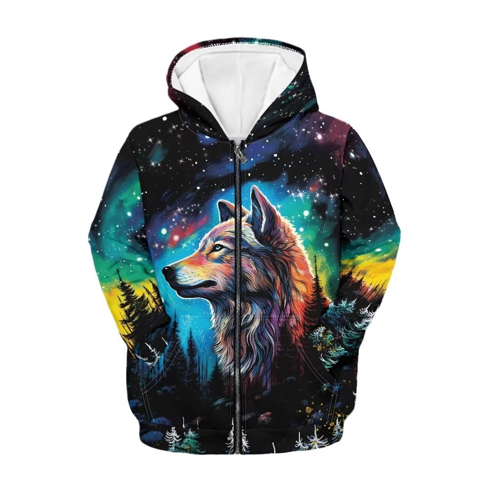 Jekioweii Kids Zip UP Galaxy Wolf Hoodie Lightweight Soft Zipper Sweatshirt Long Sleeve Hooded Pullover with Pockets Active Jacket for 11-13 Years Boys Girls