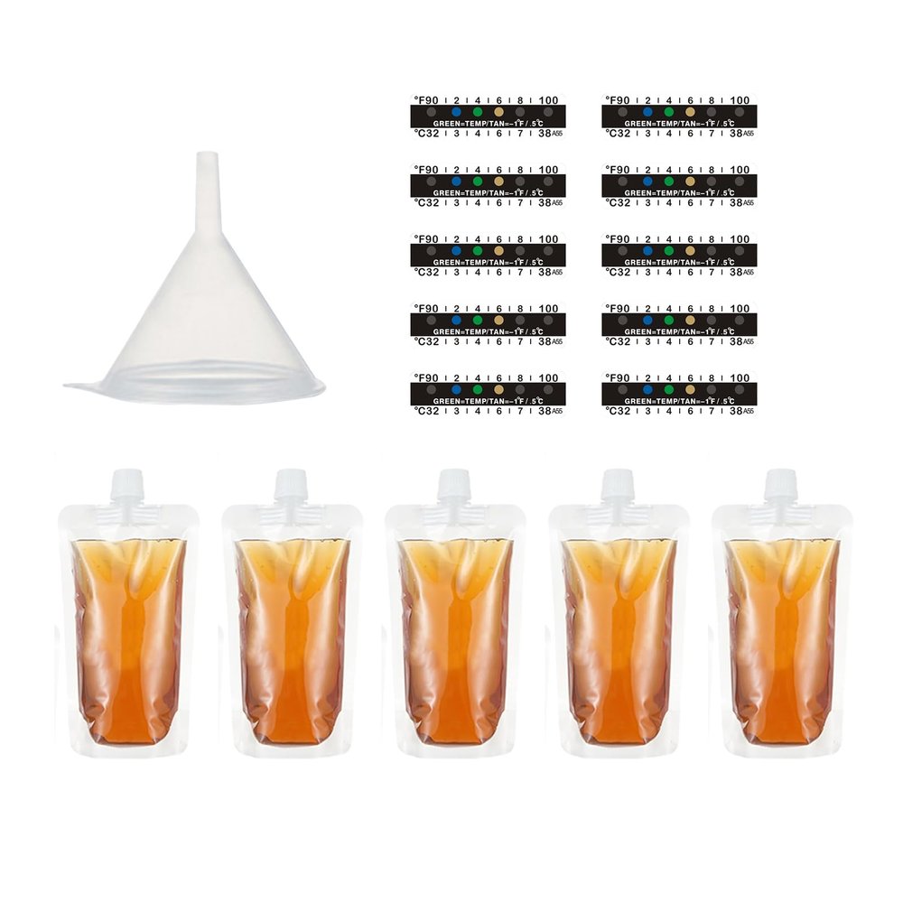 16pcs Urine Test Complete Kit - 5 Translucent Bottles, 10 Temperature Test Strip, 1 Filling Funnel - Portable Travel Bottle for Urine Testing, Pee Bags for Men Used for Hospitals, Emergency & Travel