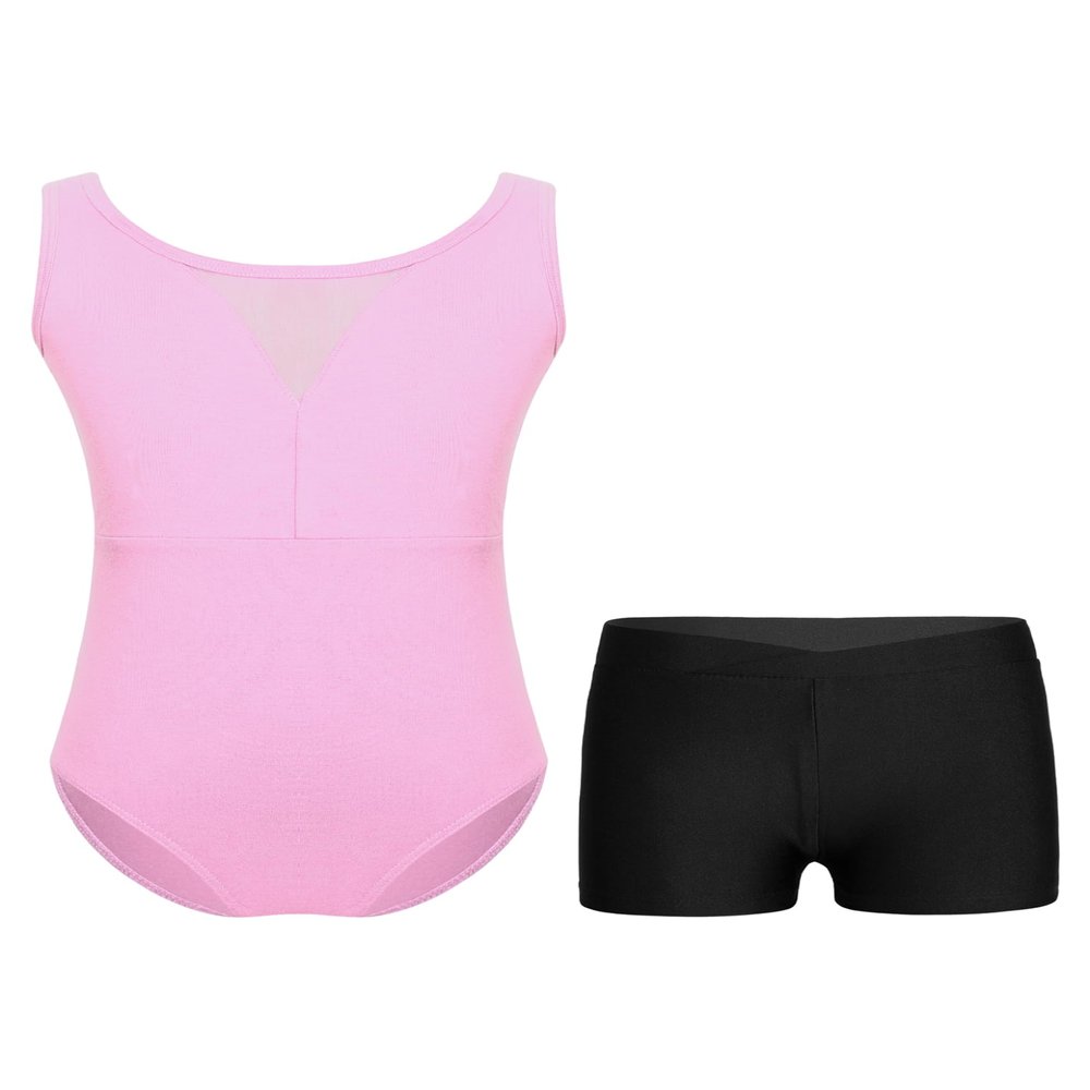 Loodgao Kids Girls 2Pcs Gymnastics Outfits Leotard and Shorts Set Sleeveless Open Back Dance Biketard Unitard Dancewear Pink 8