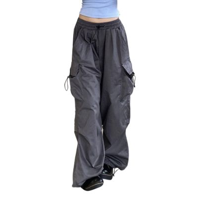 Baggy Cargo Pants Women Drawstring Elastic Low Waist Pants for Women Loose Multiple Pockets Grey Large