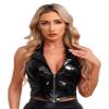 YiZYiF Women's Sexy Halter V Neck Sleeveless Backless Crop Tank Top Club Streetwear Latex Top Vest Black Medium view 1
